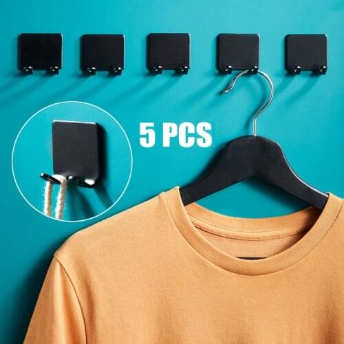 5pcs Aluminum Wall Hooks Black Strong Self Adhesive Hook Seamless Household Kitchen Bathroom Storage Hanger Holder Supplies