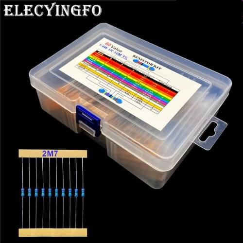 60 Values 1/4W 1% metal film resistors 5-Band-Code 1R-10M each 10 pieces Total 600 pieces Resistor Kit With Box