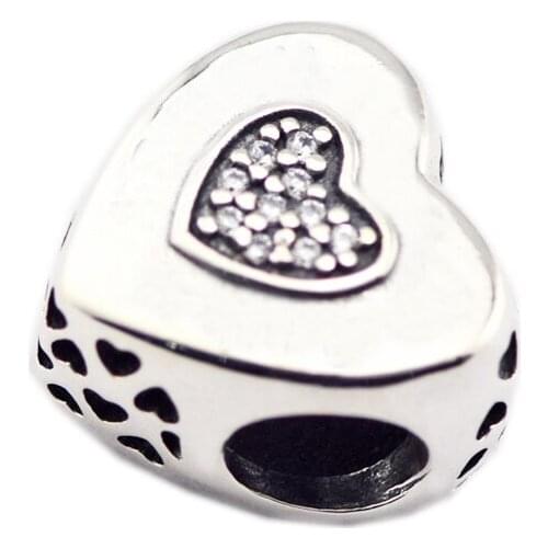 925 Original Silver Beads Signature Heart Shape Charm with Clear CZ Fits European Woman DIY Bracelets Beads For Jewelry Making