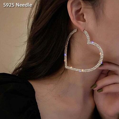 925 Sterling Silver Needle Hoop Earrings for Women Jewelry Gold Shining Heart Rhinestone Statement Punk Rock Female Earrings