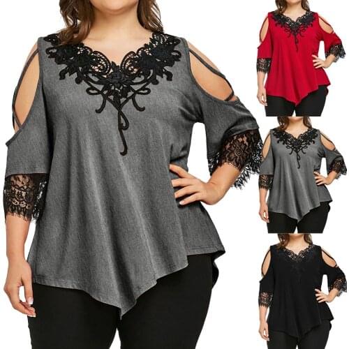 5xl Plus Size Lace Off Shoulder Blouse For Women Ptchwork V-neck Short Sleeve Shirt Casual Hollow Out Tunic Tops Рубашка Женская