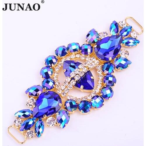 JUNAO 55x132mm Sewing Blue AB Glass Claw Rhinestone Buckle Connector Strass Chain Flower Crystal Applique for Bikini Dress Craft