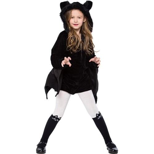 Halloween Childrens Clothing Girls Black Bat Costume Cosplay Childrens Stage Costumes Dance Party Costumes Hooded Jumpsuit