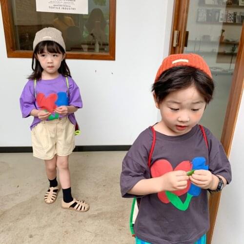 Childrens T-shirt 2021 Summer New Baby Boys and Girls Korean Flower Printed Short Sleeve T Shirt Childrens Loose Top Tees 2-8Y