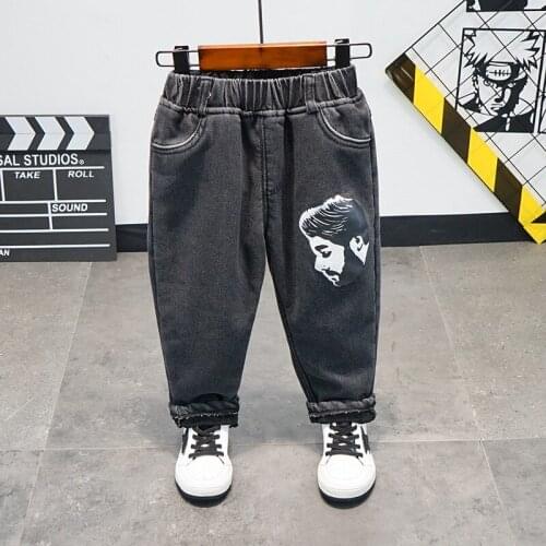 2020 Winter New Boys Pants Fashion Korean Printing Kids Jeans Casual Elastic Waist Plus Velvet Warm Baby Denim Trousers For Boy
