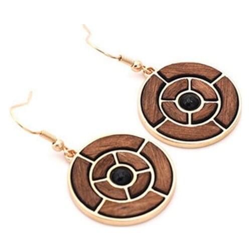 Geometric Round Maze Wood Earrings Alloy Wood Stitching Dangle Earrings for Women Vintage Simple Trend Party Jewelry Girl Gift