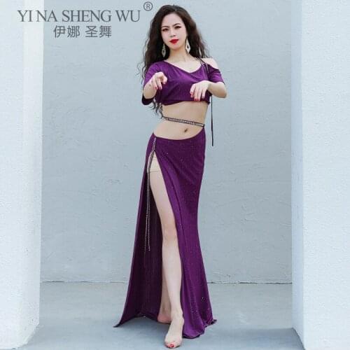 Belly Dance Set Sequins Tops Middle Sleeve Split Long Skirt Practice Clothes Suit Female Adult High Waist Performance Clothing