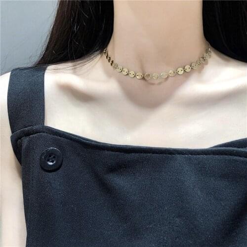 Korean Fashion Simple Solid Color Round Small Metal Disc Sheet Stitching Necklace for Women Men Girls Neck Collar Jewelry Gift
