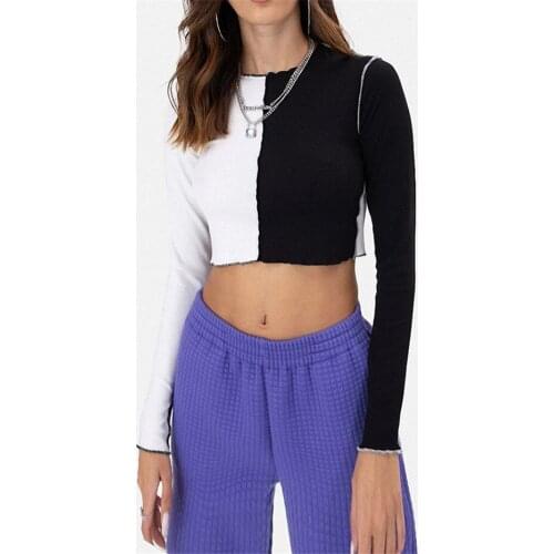 T-shirts Women Crop Tops Clubwear Streetwear 2 Colors Patchwork Long Sleeve O-neck Outwear Slim Causal Fall Spring T-shirts