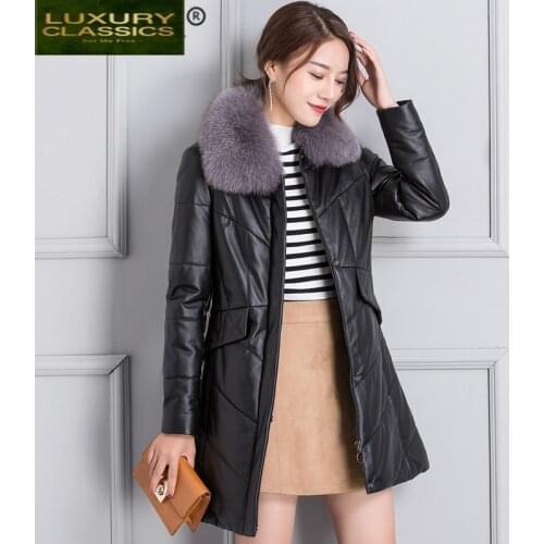 Leather Winter Jacket Genuine Women Duck Down Jacket Female Natural Fox Fur Collar Coat Long Real Sheepskin Coat Hiver 27