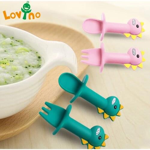 Baby Learning Spoon Fork Set Short Handle Easy Spoon Soft Silicone Utensils Teether Toy Feeding Cutlery Dinosaur Spoon Tableware