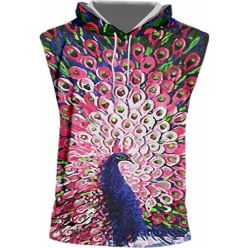 UJWI Peacock Sleeveless Hoodie Blue Animal Pink Unfolded Tail Mens Round Neck Vest Oversized Fashion Casual Hooded Tank Top 5XL