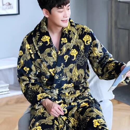 Flannel Dragon Crane Men Kimono Bathrobe Gown Casual Nightwear Winter Thick Warm Sleepwear Nightgown Plus Size Loose Homewear