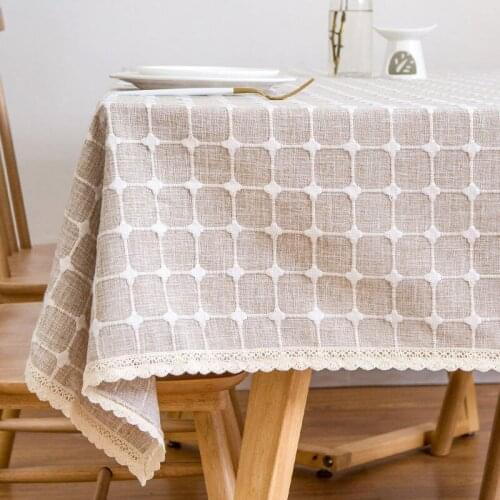 Cotton and Linen Lace Blended Thickened Plaid Table Cloth Fabric Square Home Garden Tea Tablecloth Dinning Table Decoration