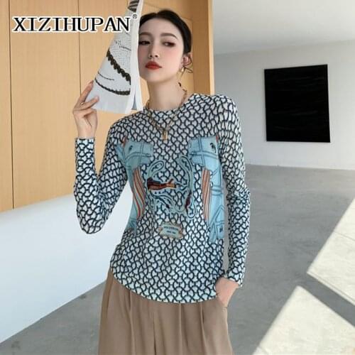 XIZIHUPAN Casual Loose Colorblock Patterned T Shirt Female Round Neck Long Sleeve Womens T Shirts 2021 Summer Fashion Clothing