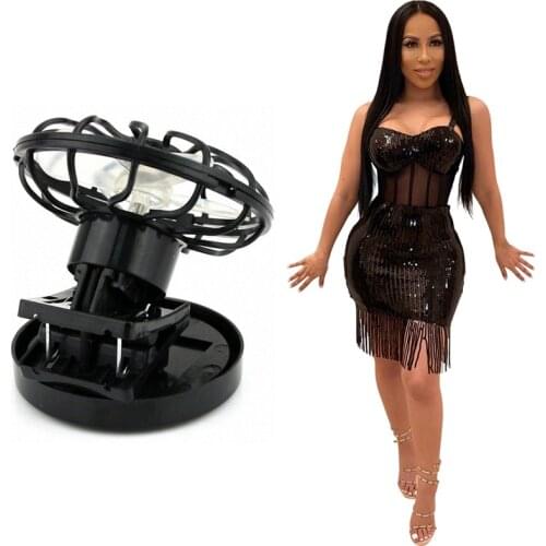 Clip-on Solar Cell Fan with Sequin Strap Sleeveless High Waist Sexy Party Night Club Street Bandage Dresses Black XL