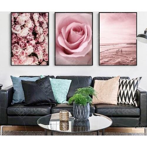 Pink Flower Beach Scandinavian Landscape Canvas Art Posters and Prints Wall Art Picture for Living Room Nordic Decoration Home