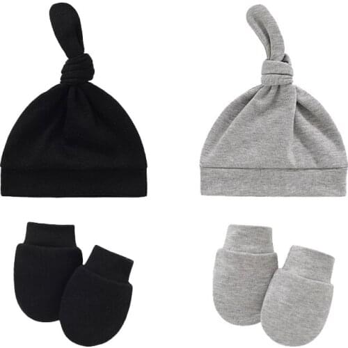 2Pcs/Set Newborn Baby Hat Gloves Soft Cotton Knot Boys Girls Cap Beanies Solid Color Infant Scratch Mittens Gloves