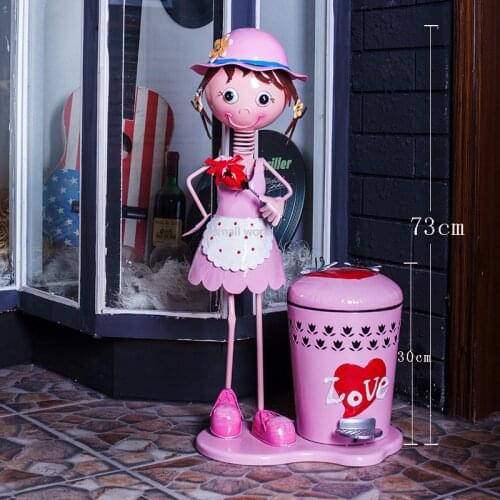 Cute cartoon trash can with lid household creative living room storage bin children bedroom trash can metal garden trash can