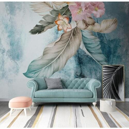 Nordic hand-painted plant plantain leaf mural custom size light luxury living room bedroom TV background wall 3d wallpaper