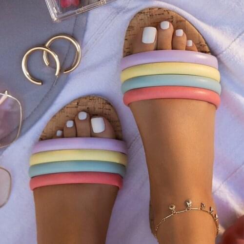 2021 Women Rainbow Metal Hemp Slippers Female Summer Beach Open Toe Slides Ladies Casual Fashion Comfortable New Flat Plus Size