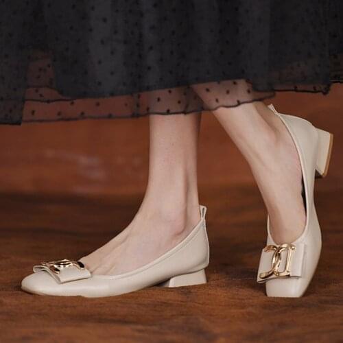 Women Low heels Dress Shoes Square Toe Boat Shoes Metal Ol Office Lady Shoes Shallow Ladies Shoes Pumps Zapatos Mujer 9313L