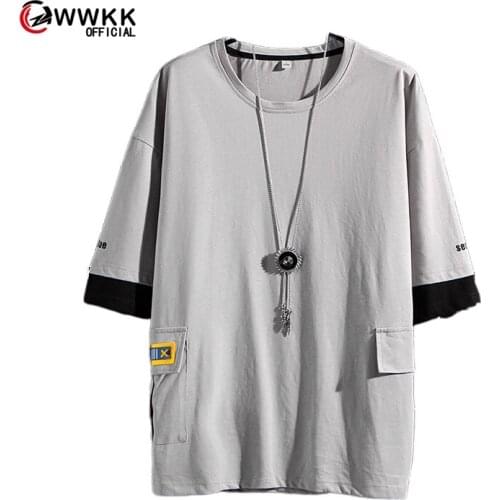 WWKK Men Japanese Streetwear Tshirt 2020 Color Blcok Harajuku Pockets Korean Cotton T Shirts Hip Hop Oversized T Shirt Plus Size