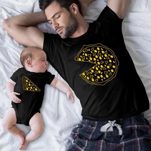 Funny Cotton Funny Family Look Dad and Son Family Matching Clothes Pizza Print T-shirt for Daddy Mommy Kids Romper for Baby
