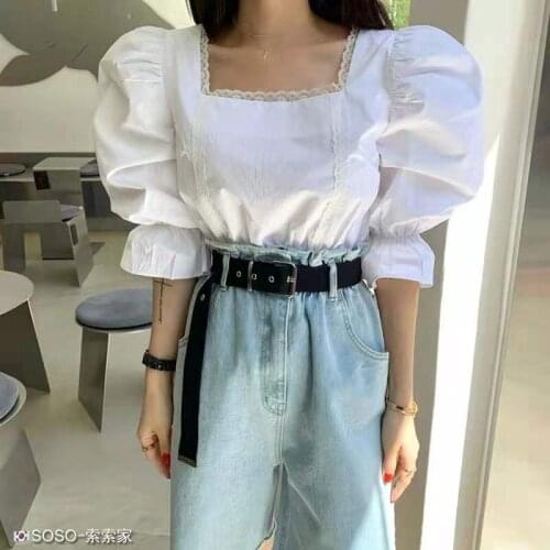 Korean Style Small Fresh Plaid Waist Square Neck Puff Sleeve Shirt Women