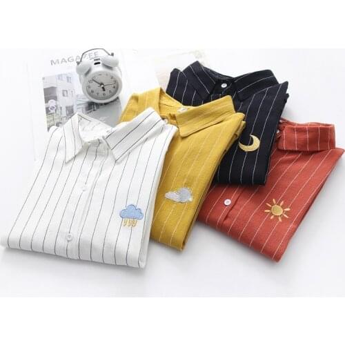 Women Autumn Long Sleeve Turn-down Collar Striped Clouds Embroidery Cotton Loose Blouse Shirts Casual Tops Shirts