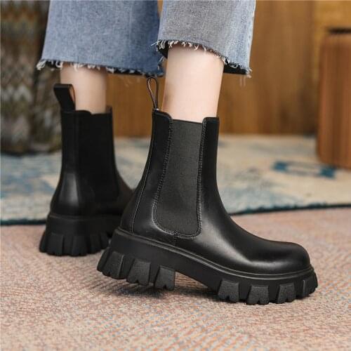 2021 Jagged Platform Chelsea Boots Genuine Leather Thick Bottom Women Short Boots Slip On Elasticity Mujer British Retro Botas