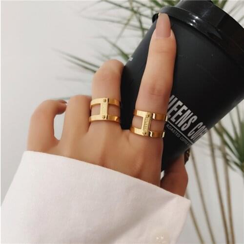 YUN RUO 2021 Hot Sale Personality Wide Version Double-layer Titanium Steel Finger Ring 18K Gold Ring Woman Jewelry Wholesale