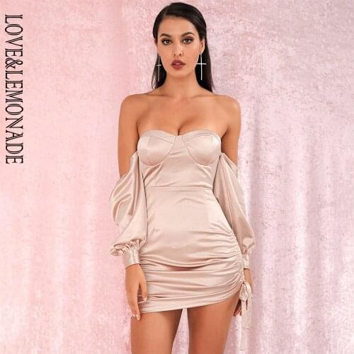 LOVE&LEMONADE Sexy Nude Off-The-Shoulder Tube Top Loose Sleeves Smocked Tiestring Bodycon Mini Party Dress LM81972
