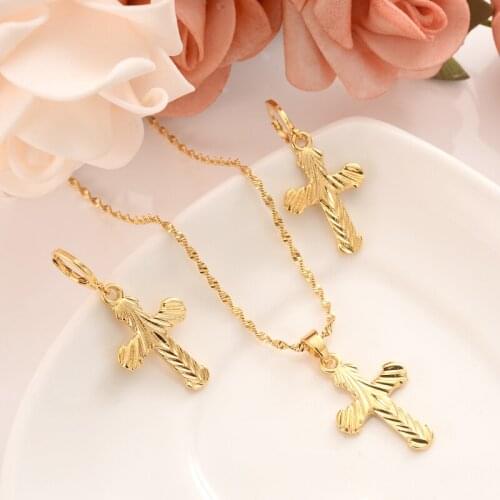 Gold cross Pendant Necklace chain Earrings sets Jewelry Gold Christian jewelry sets for women girl Best Jesus Gifts souvenir