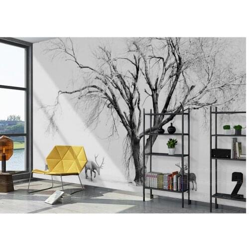 3D wall murals wallpaper custom picture mural Landscape Black and white style elk simple Nordic abstract tree background wall