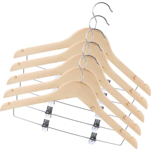 5PCS Wooden Hangers Coats Suit Garment Clothes Wardrobe Wood Hanger, with Clips