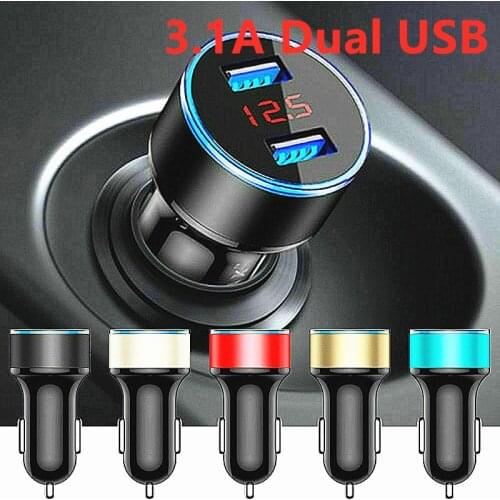 2021 New 3.1A Dual USB Car Charger LCD Display 12-24V Cigarette Socket Lighter Car Charger For iphone Samsung Huawei Xiaomi