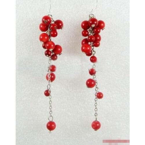 Free shipping Red Coral Beads Custer Grape 18KWGP Hook Long Earrings