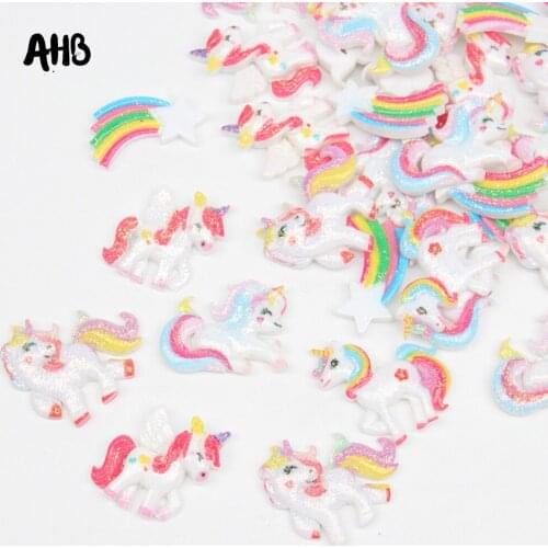 AHB Glitter Resin Unicorn Patches Planar Resin Rainbow Accessories For Crafts DIY Hair Bow Ornament Shiny Materials 10pcs/bag