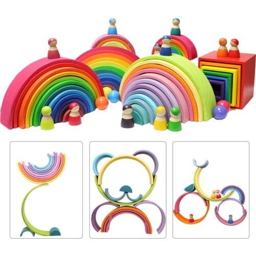 Large Wooden Rainbow Stacker Natural Wooden Rainbow Blocks Wooden Stacking Toys Montessori Educational Toy for Kids Baby Toys