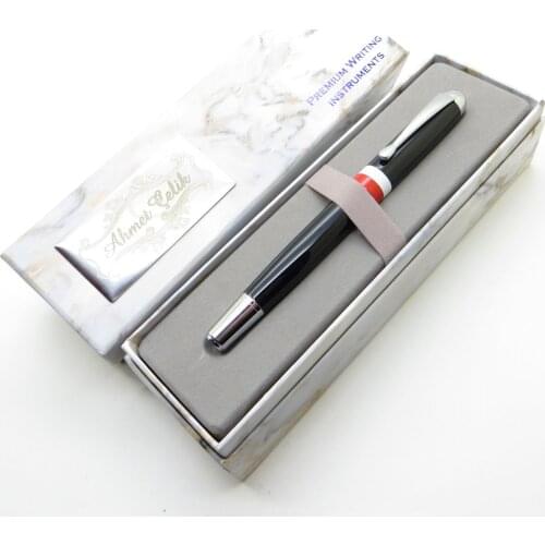 Wings Marble R110 Black Lacquer Red White Ring Chrome Roller Pen | İsme Special Pen | Gift Pen