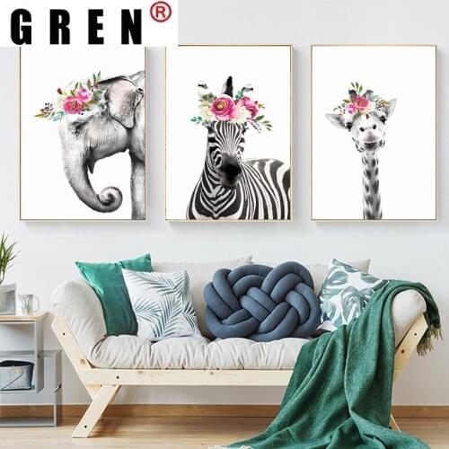GREN Canvas Painting Nordic Cute Flowers Animal Giraffe Zebra or Elephant Art Abstract Print Poster Picture Wall Home Decoration
