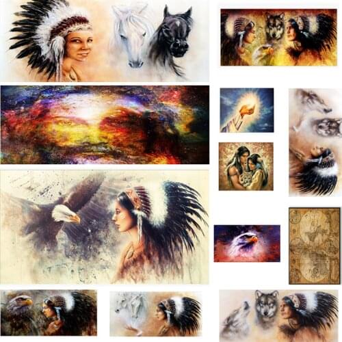 Canvas Painting Tribe Indian Jesus Vintage Eagle Wolf Map Horse Poster Print Wall Art Picture For Living Room Home Decoration