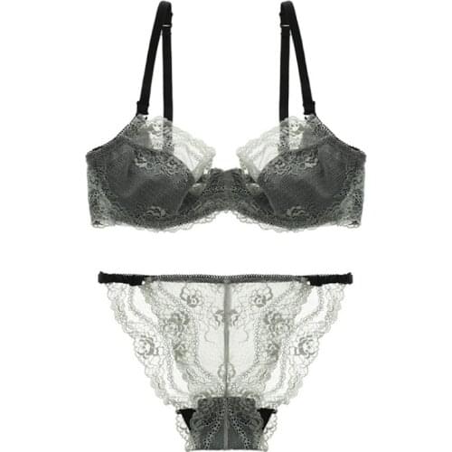 New lingerie set transparent mesh hollowed out ultra-thin girl bra set sexy lace perspective gathering adjustable underwear set