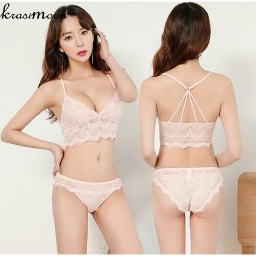 New 2018 Fashion Sexy Push Up Wireless Full Lace Bra Set Underwear Back Cross Design Ultra Thin Cup Bra and Panties BS42