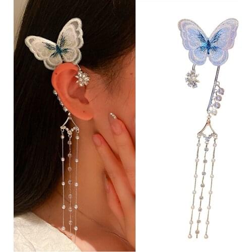 Exaggerated Fashion New Crystal Flower Butterfly Earrings Big Statement Long Pearl Tassel Temperament Women Dangle Jewelry