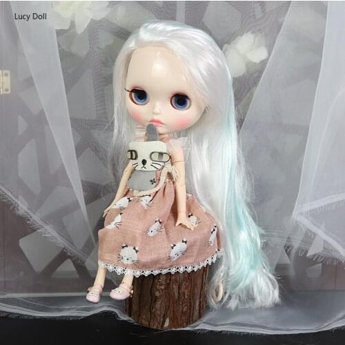 ICY Factory Blythee Doll 1/6 Bjd White Skin Joint Body White Mix Blue Hair, New Shiny Face Carved Lips BL136/6909