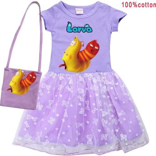 Summer Girl Dress Kids Larva Clothes for Baby Girls T Shirt Mesh Pleated Princess Dress with Bag Costume Children Clothing 2-10