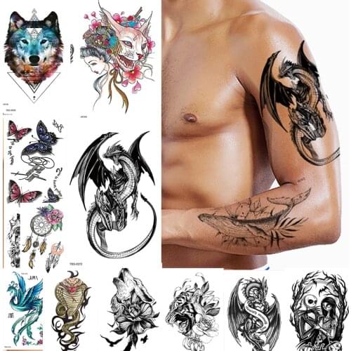 Arm Chest Neck Body Transfer Tattoo Long Lasting Temporary Tattoo Sleeve Men Wolf Snake Dragon Tiger Fox Fake waterproof tatoo