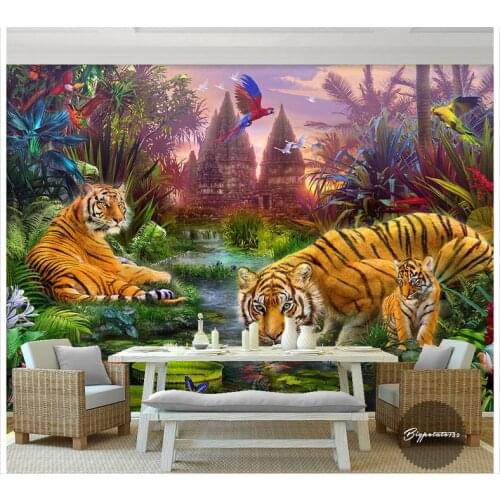 Custom photo wallpaper 3d wall murals wallpaper Forest multicolored parrots lotus pond tiger animal children painting wall decor